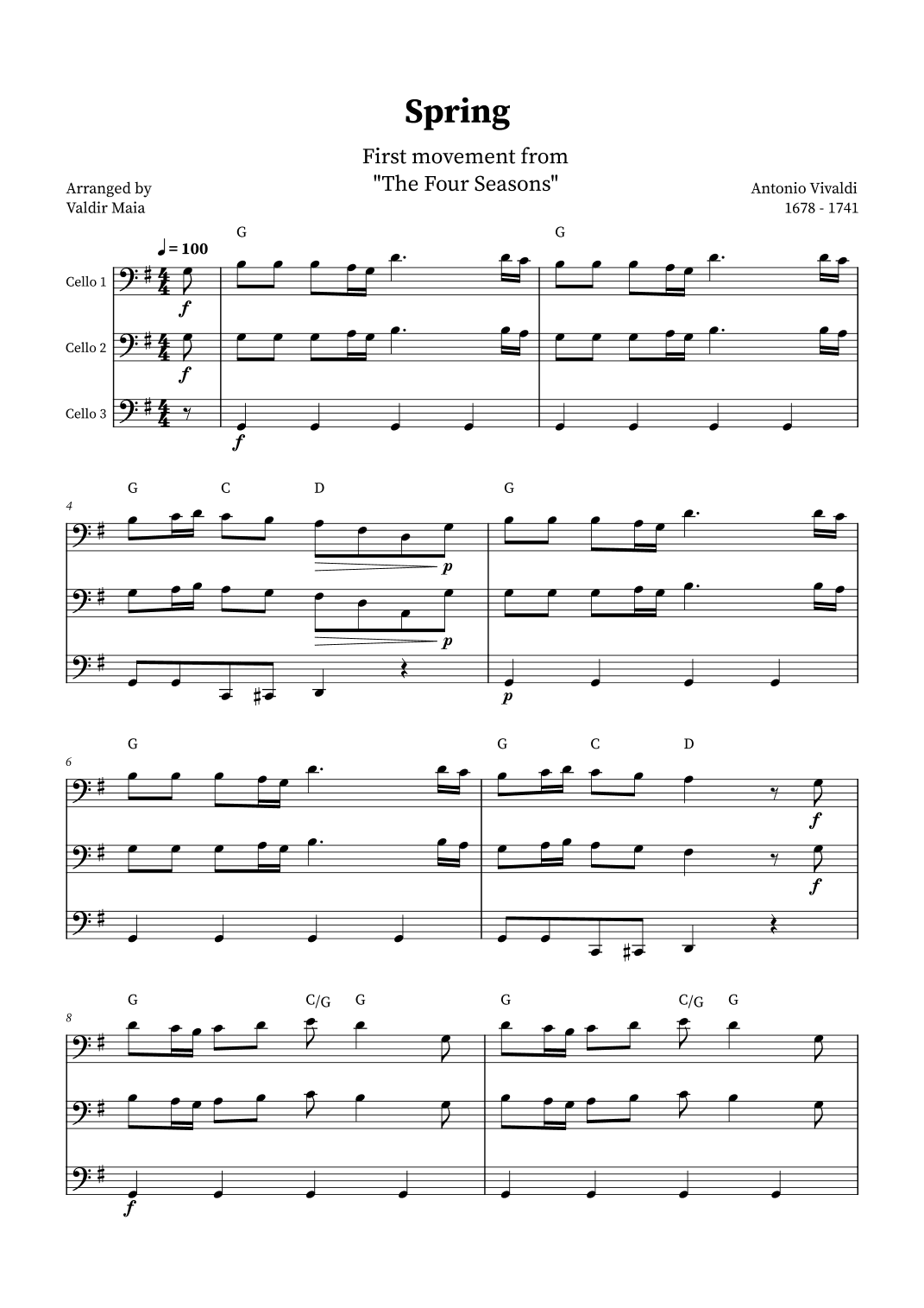 Spring - The Four Seasons for Cello Trio (+ CHORDS) (arr. Valdir Maia)