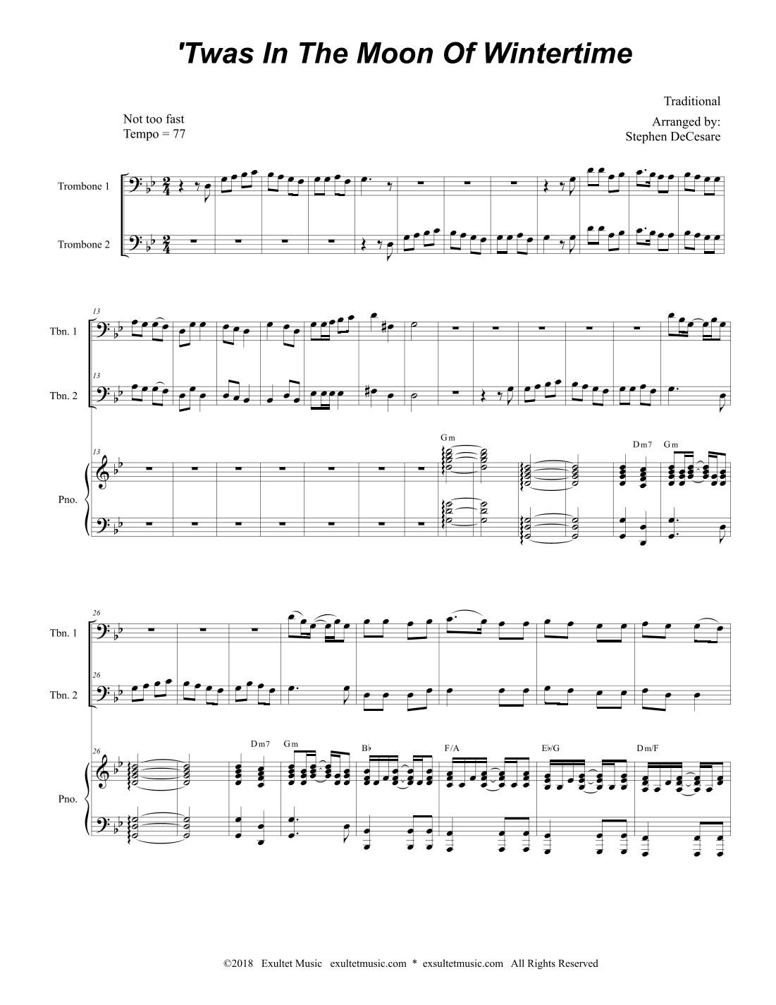 'Twas In The Moon Of Wintertime (Trombone Duet) (arr. Stephen DeCesare)