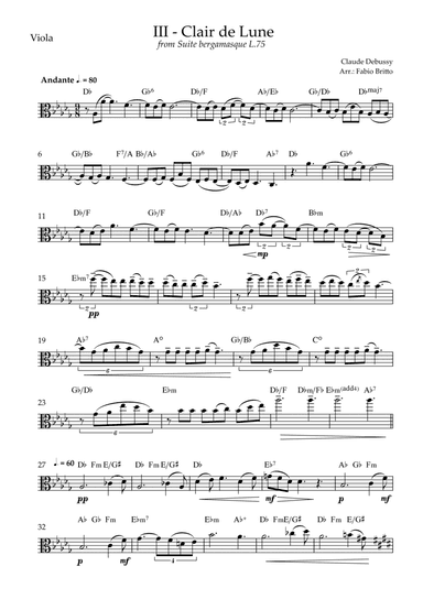 Clair de Lune (C. Debussy) for Viola Solo with Chords (Db Major) (arr. Fabio Britto)
