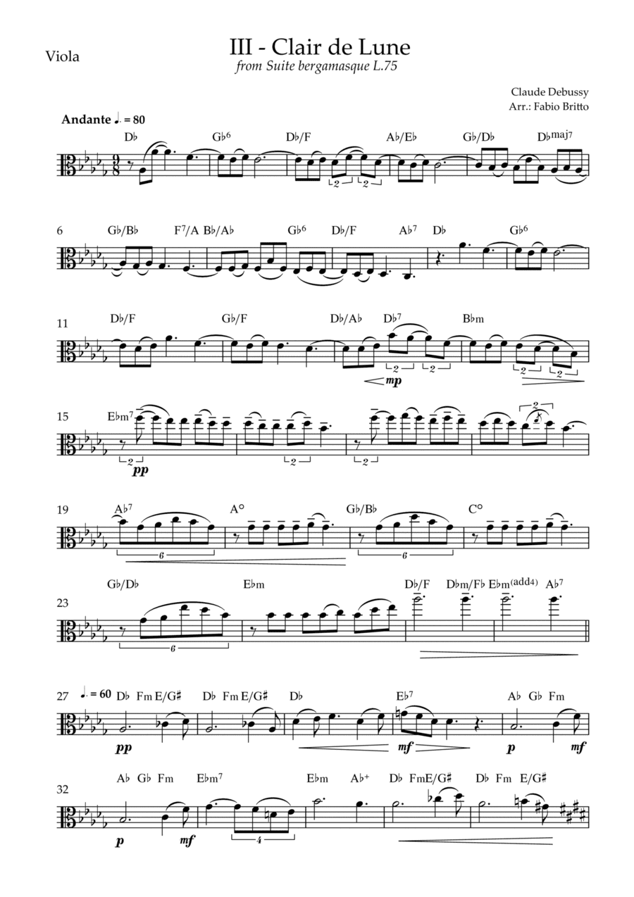 Clair de Lune (C. Debussy) for Viola Solo with Chords (Db Major) (arr. Fabio Britto)