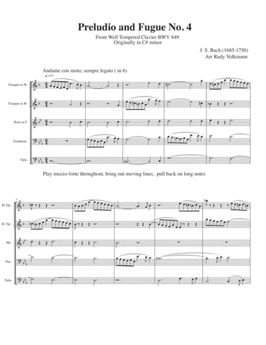 Prelude and Fugue #4 from WTC - BWV 849 for brass quintet (arr. Rudy Volkmann)