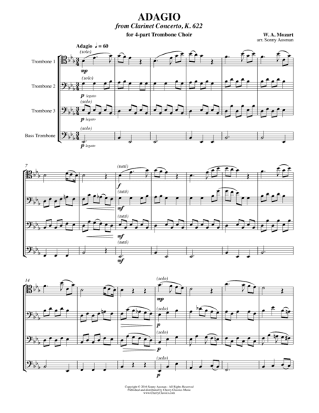 Adagio from Clarinet Concerto K. 622 for 4-part Trombone Choir (arr. Ausman, Sonny)