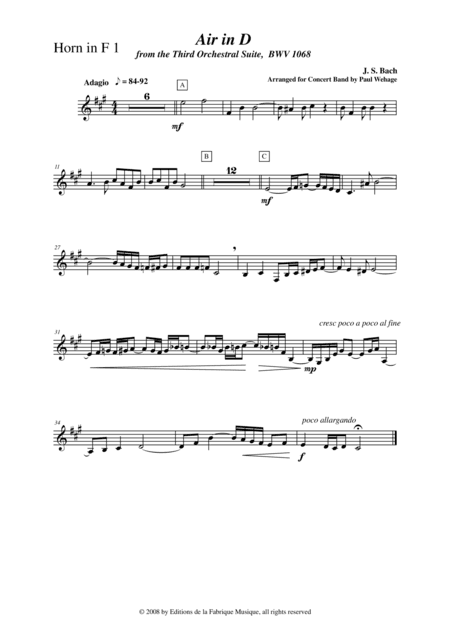 Johann Sebastian Bach/Wehage, Air in D from the Third orchestral suite, BWV 1068 arranged for concer (arr. Musik Fabrik Music Publishing)