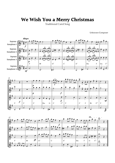 We Wish you a Merry Christmas for Soprano Sax Quartet with Chords (arr. Rika K.)