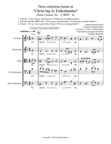 Three selections based on "Christ lag in Todesbanden" (String Quintet - 2 Violin, 1 Viola, 2 Cello) (arr. Regis Bookshar)