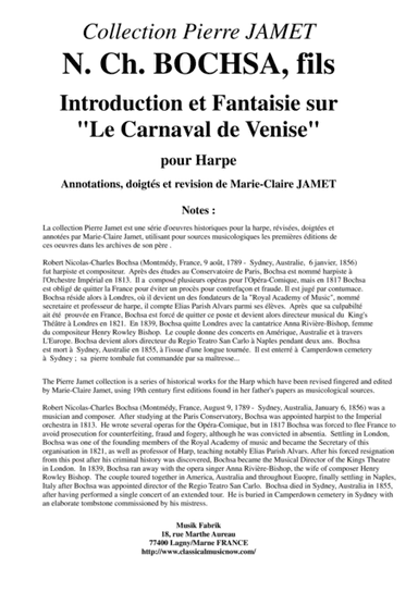 N. Ch. BOCHSA, fils Introduction et Fantaisie sur "Le Carnaval de Venise" pour Harpe (arr. Marie-Claire Jamet)