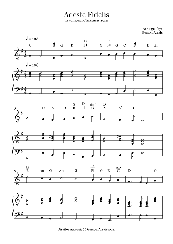 Adeste Fidelis - Traditional Christmas Song - for Recorder and Piano - Score and Parts (arr. Gerson Arrais)