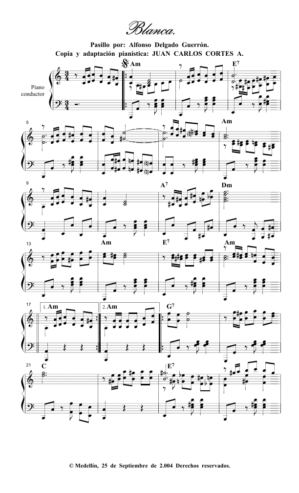 Blanca - Pasillo instrumental por Alfonso Delgado Guerrón (arr. Juan Carlos Cortés Aguirre)
