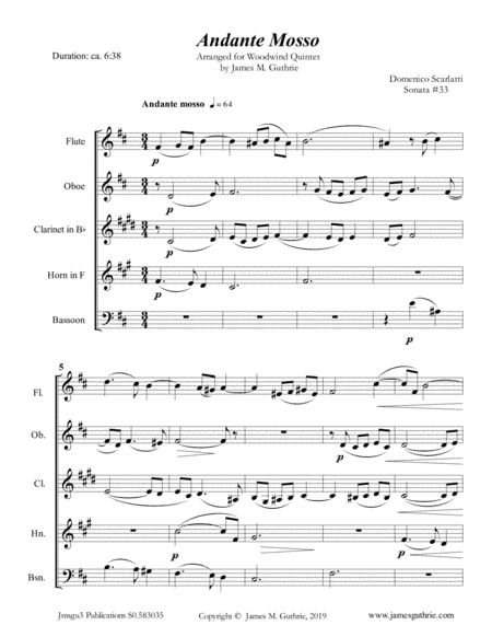 Scarlatti: Andante mosso for Woodwind Quintet (arr. James M. Guthrie)