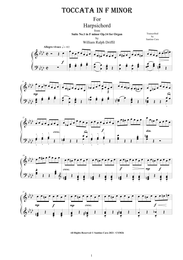 Driffil - Toccata in F minor for Harpsichord or Piano (arr. Santino Cara)