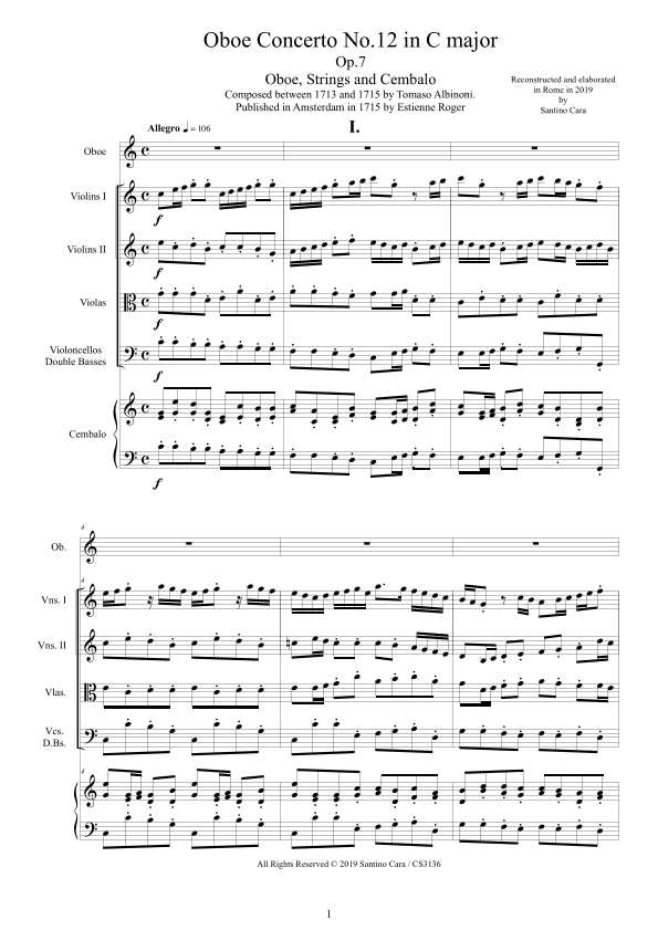 Albinoni - Oboe Concerto No.12 in C major Op.7 for Oboe, Strings and Cembalo (arr. Santino Cara)