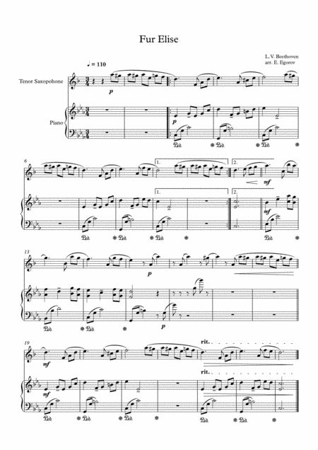 Fur Elise, Ludwig Van Beethoven, For Tenor Saxophone & Piano (arr. Eugene Egorov)