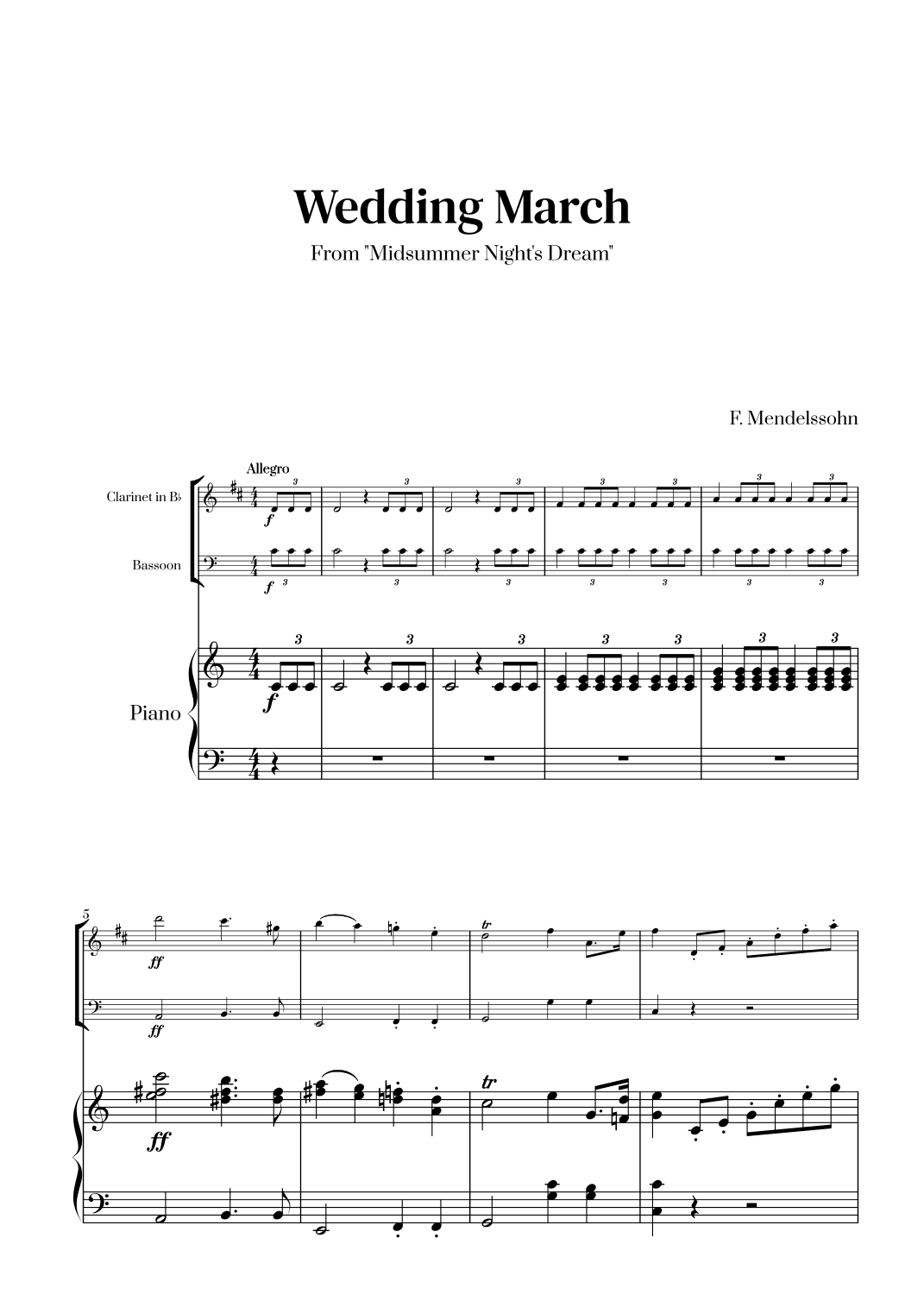 Felix Mendelssohn - Wedding March From Midsummer Night's Dream for Clarinet, Bassoon and Piano (arr. Cadenza Editions)