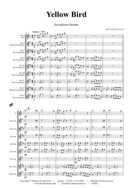 Yellow Bird - Haitian Folk Song - Calypso - Saxophone Quintet (arr. Thomas H. Graf)