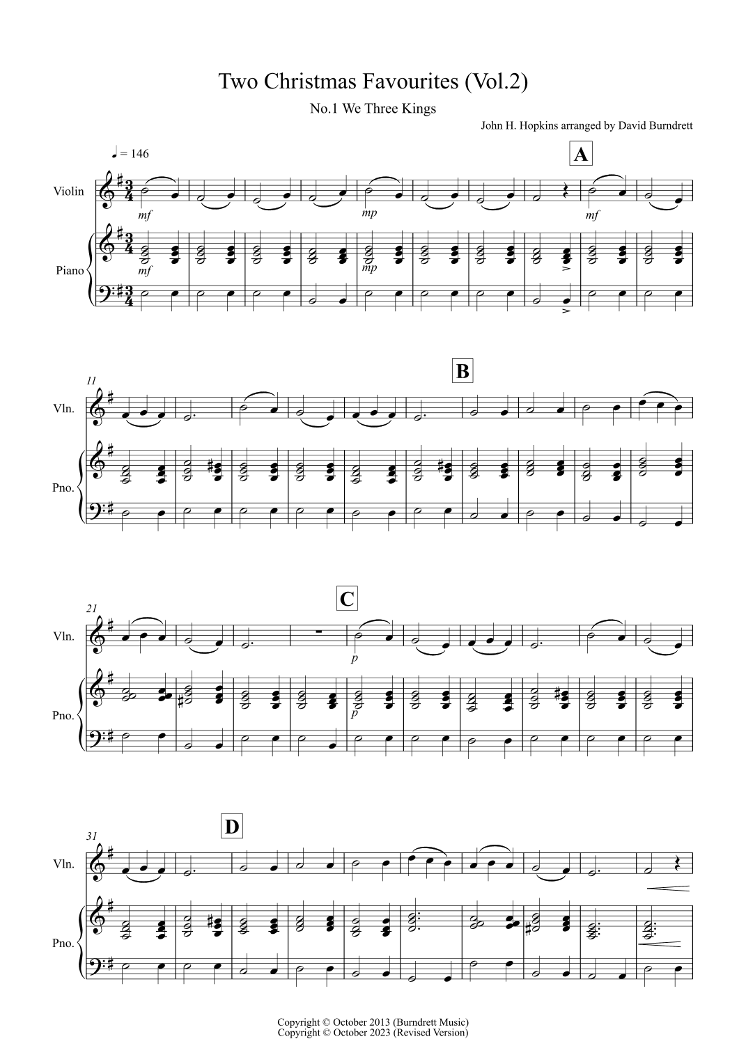 2 Christmas Favourites for Violin and Piano (volume two) (arr. David Burndrett)