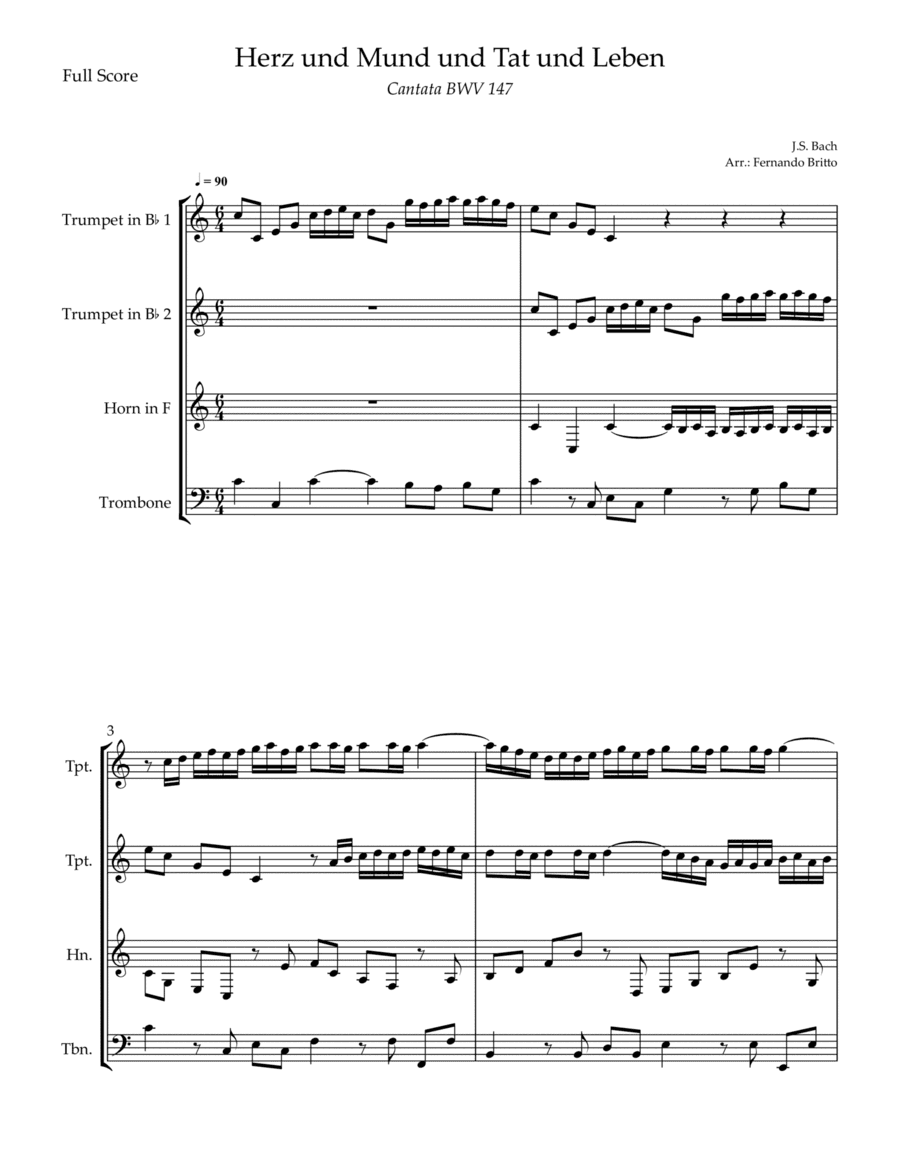 Cantata Herz und Mund und Tat und Leben (J.S. Bach BWV 147) for Brass Quartet (arr. Fernando Britto)