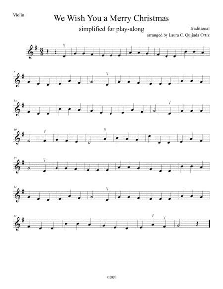 We Wish A Merry Christmas-simplified for beginner violin. VIOLIN PART FOR PLAY-ALONG TRACK (arr. Laura C: Quijada Ortíz)