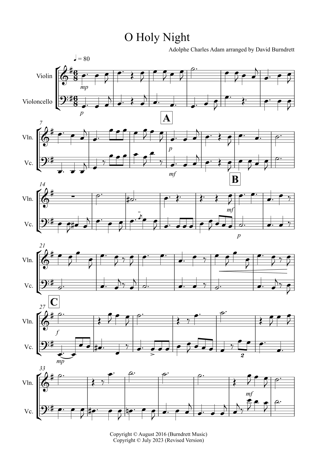 O Holy Night for Violin and Cello Duet (arr. David Burndrett)