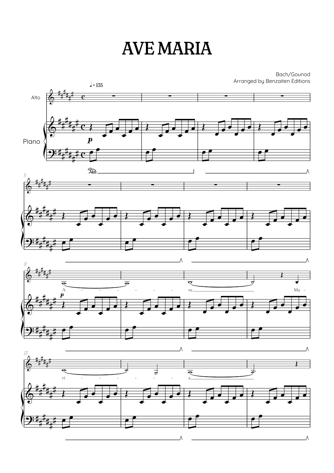 Bach / Gounod Ave Maria in F sharp major [F#] • contralto sheet music with piano accompaniment (arr. Benzaiten Editions)