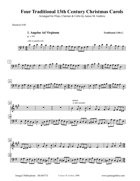 Four Traditional 13th Century Christmas Carols for Flute, Clarinet & Cello (arr. James M. Guthrie)