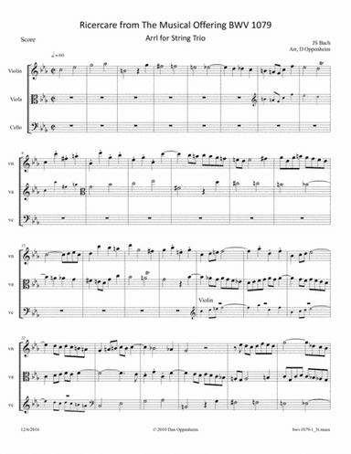 Bach: The Musical Offering (BWV 1079) No. 1 - Ricercare a 3 arr. for String Trio (Violin, Viola and (arr. D Oppenheim)