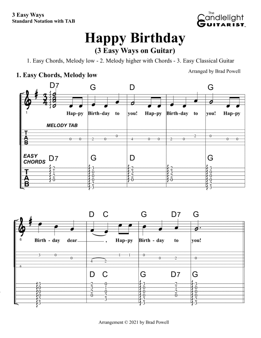 Happy Birthday (3 Easy Ways on Guitar) (arr. Brad Powell (The Candlelight Guitarist))