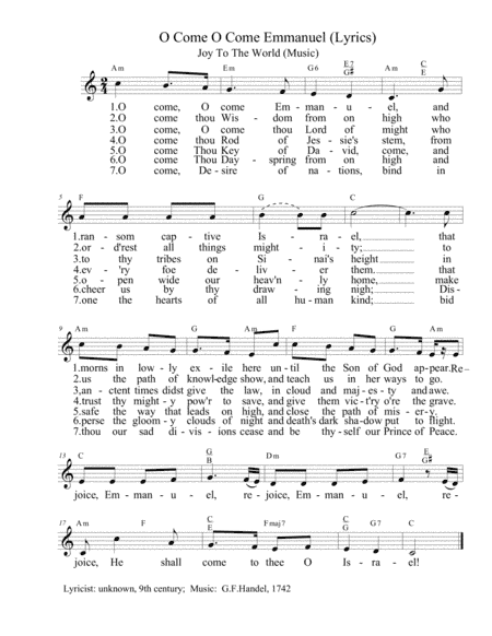 O Come O Come Emmanuel lyrics with Joy To The World melody in 2/4 time signature (arr. Bill Hayes)