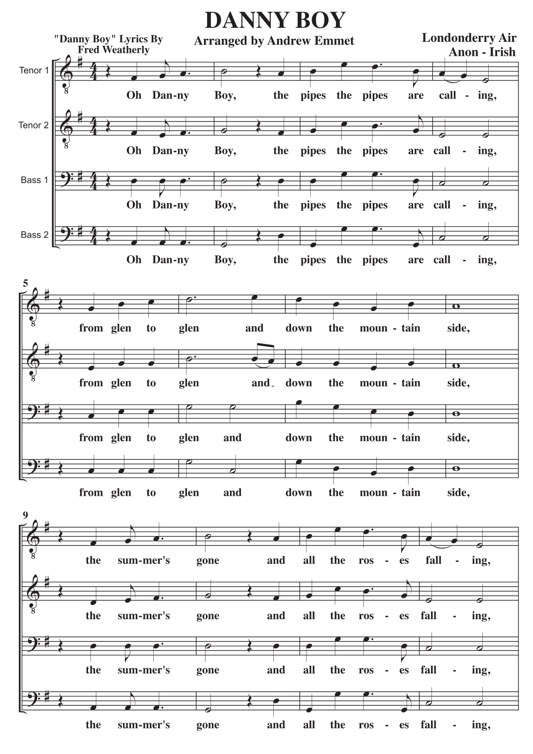 Danny Boy A Cappella TTBB (arr. Andrew Emmet)