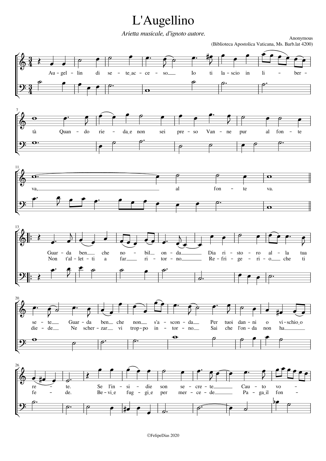 L'Augellino: Augellin di sete acceso (arr. Early Music Scores)