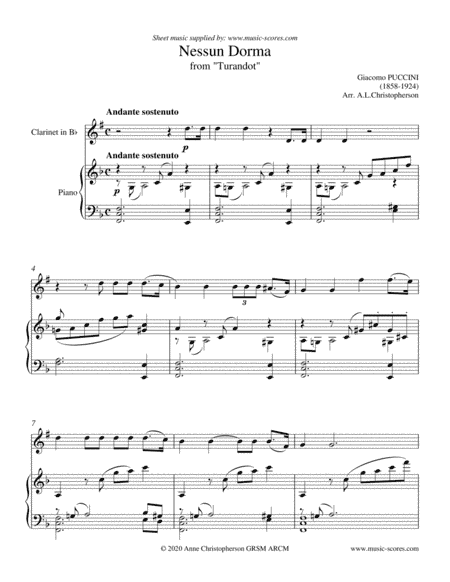 Nessun Dorma - Clarinet and Piano (arr. Anne Christopherson GRSM ARCM)