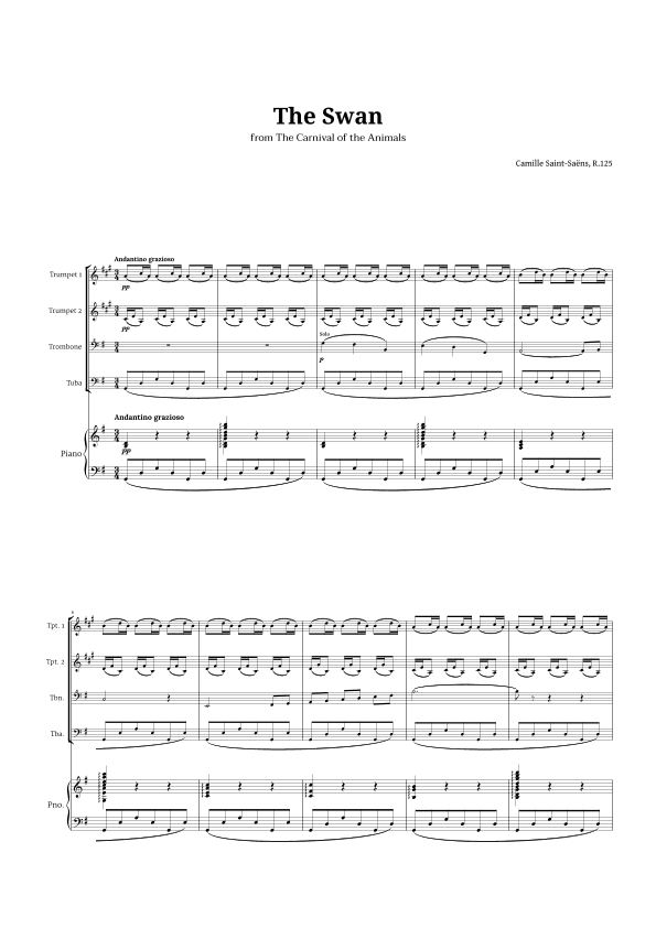 The Swan by Saint-Saëns for Brass Quartet and Piano (arr. Langanho)