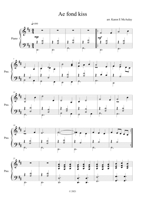 Ae fond kiss - Robert Burns song for piano solo (arr. Karen E McAulay)