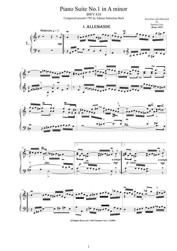 Bach - Piano Suite No.1 in A minor BWV 818 - Complete Piano version (arr. Santino Cara)