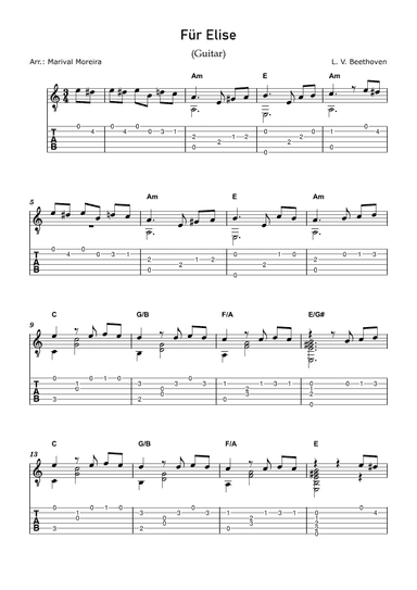 Fur Elise - Beethoven (Guitar Solo) Tabs and Chords (arr. Marival Moreira)