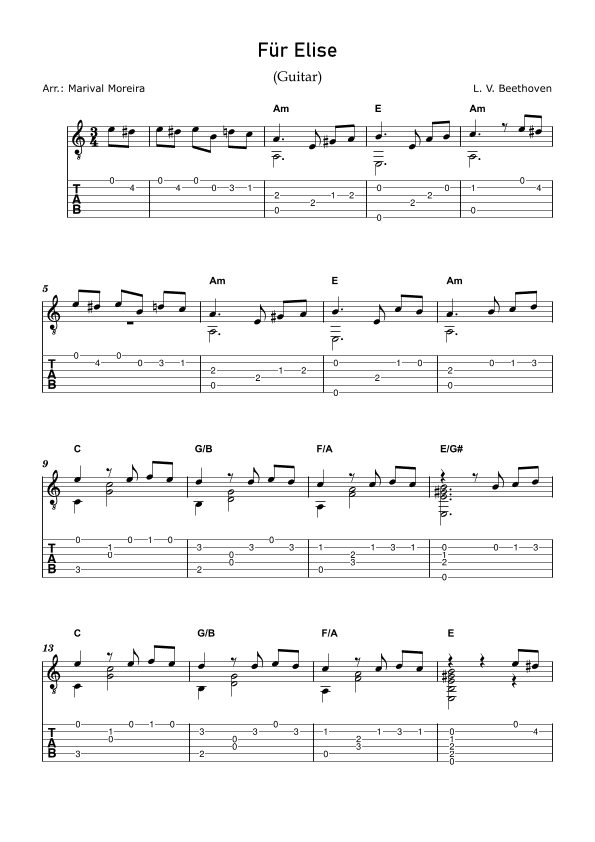 Fur Elise - Beethoven (Guitar Solo) Tabs and Chords (arr. Marival Moreira)
