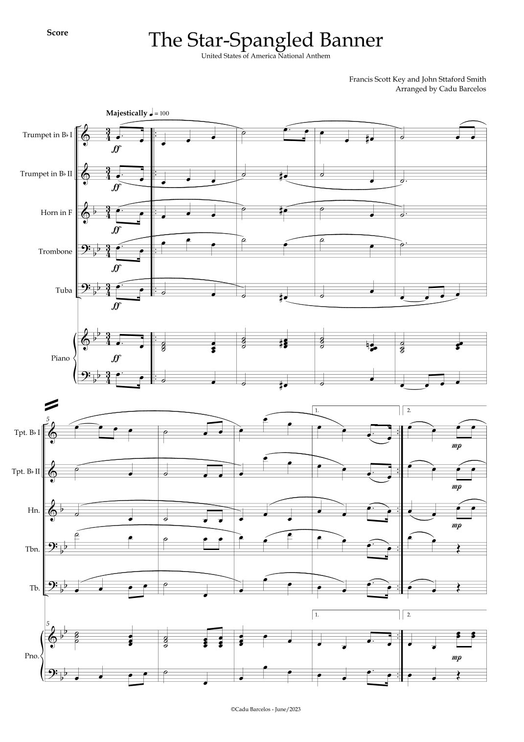 The Star-Spangled Banner - EUA Hymn (Brass Quintet) Piano (arr. Cadu Barcelos)