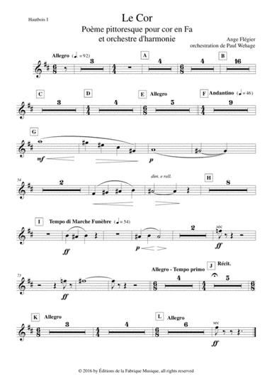 Ange Flégier: Le Cor for solo horn and concert band, oboe 1 part (arr. Paul Wehage)