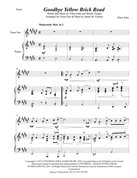 Goodbye Yellow Brick Road (arr. James M. Guthrie, ASCAP)
