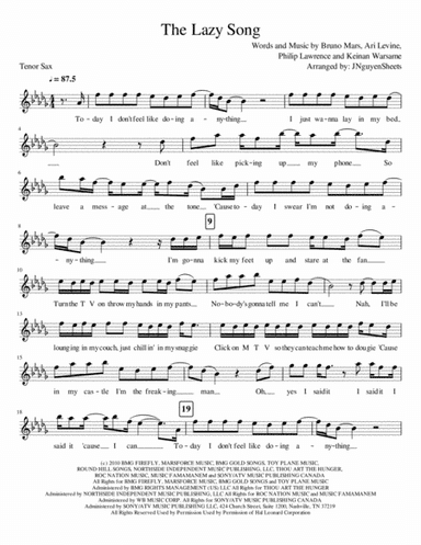 The Lazy Song (arr. JNguyenSheets)