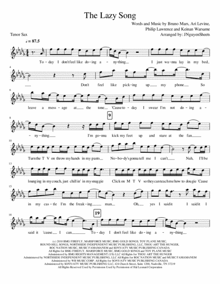 The Lazy Song (arr. JNguyenSheets)