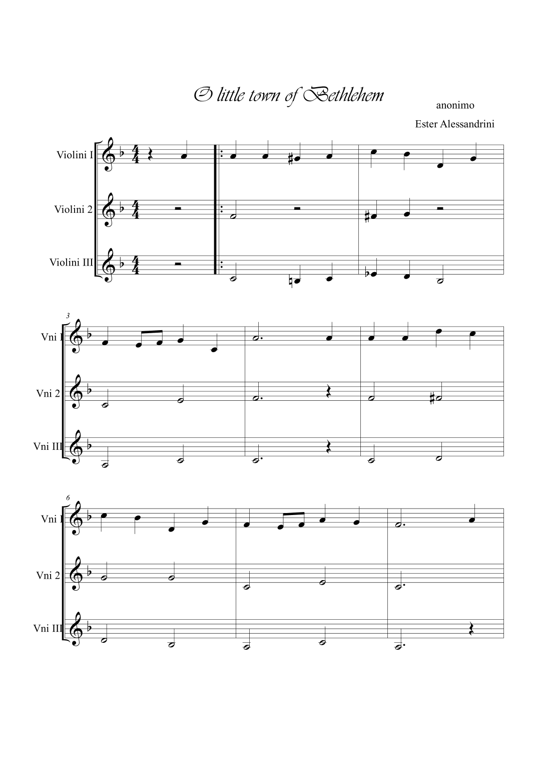 O little town in Bethelhem. 3 violins (arr. Ester Alessandrini)