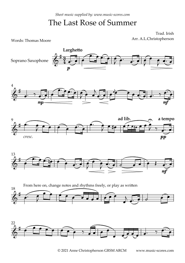 The Last Rose of Summer - Unaccompanied Soprano Sax (arr. Anne L Christopherson GRSM ARCM)