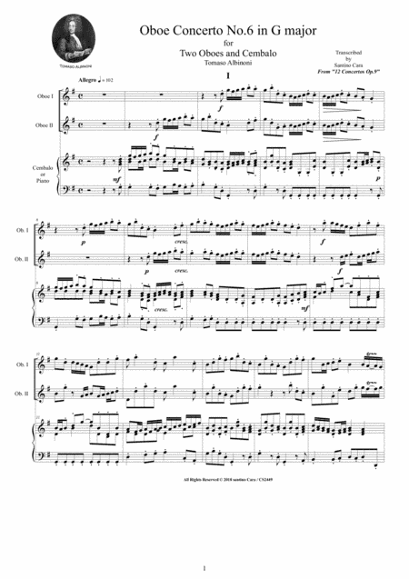 Albinoni - Oboe Concerto No.6 in G major Op.9 for Two Oboes and Cembalo (or Piano) (arr. Santino Cara)