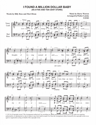 I Found A Million Dollar Baby (in A Five And Ten Cent Store) (arr. Walter Latzko)
