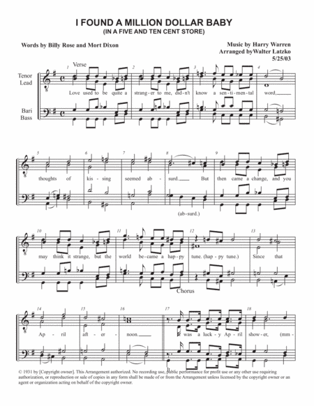 I Found A Million Dollar Baby (in A Five And Ten Cent Store) (arr. Walter Latzko)