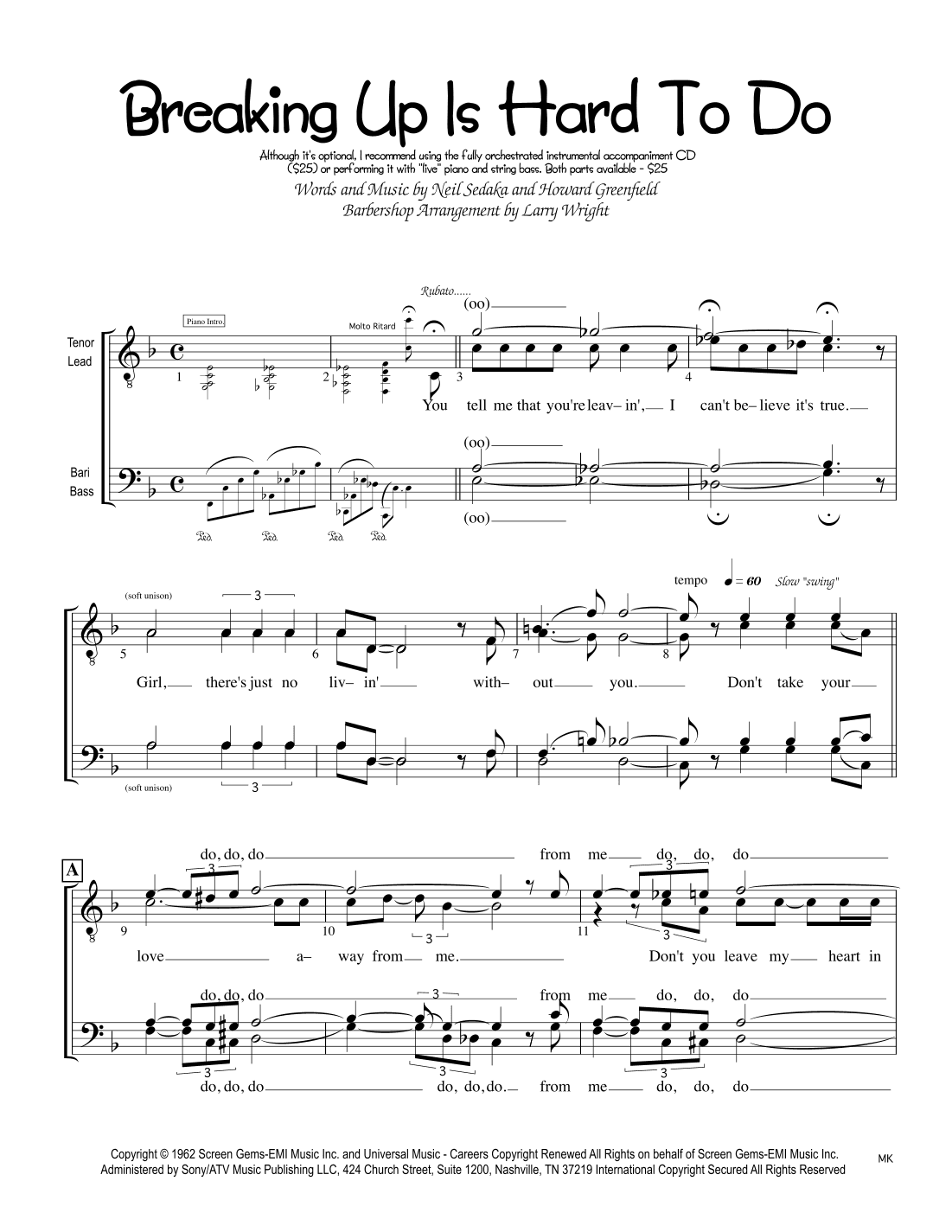 Breaking Up Is Hard To Do (arr. Larry Wright)