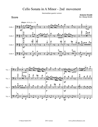 Vivaldi Cello Sonata in A minor, second movement, arranged for four intermediate cellos (cello quart (arr. Yellow Cello Music)