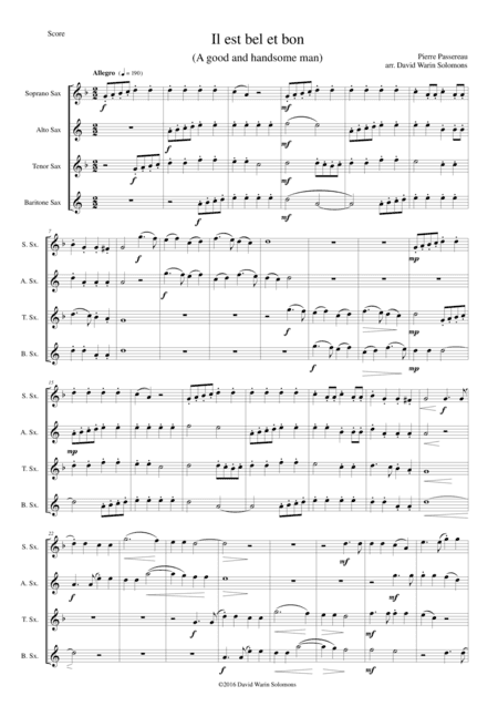 Il est bel et bon (He is good and handsome) for saxophone quartet (arr. David Warin Solomons)