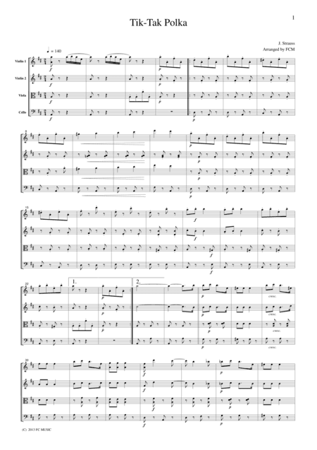 J.Strauss  Tik-Tak Polka, for string quartet, CS110 (arr. FCMUSIC)