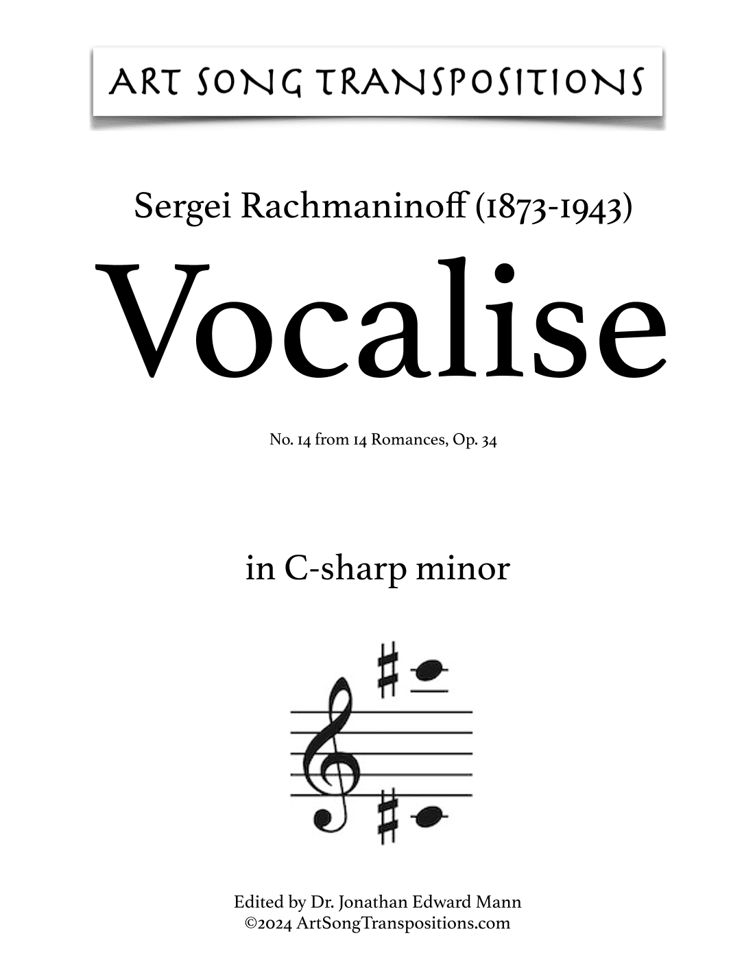 RACHMANINOFF: Vocalise, Op. 34 no. 14 (transposed to C-sharp minor) (arr. ArtSongTranspositions.com)